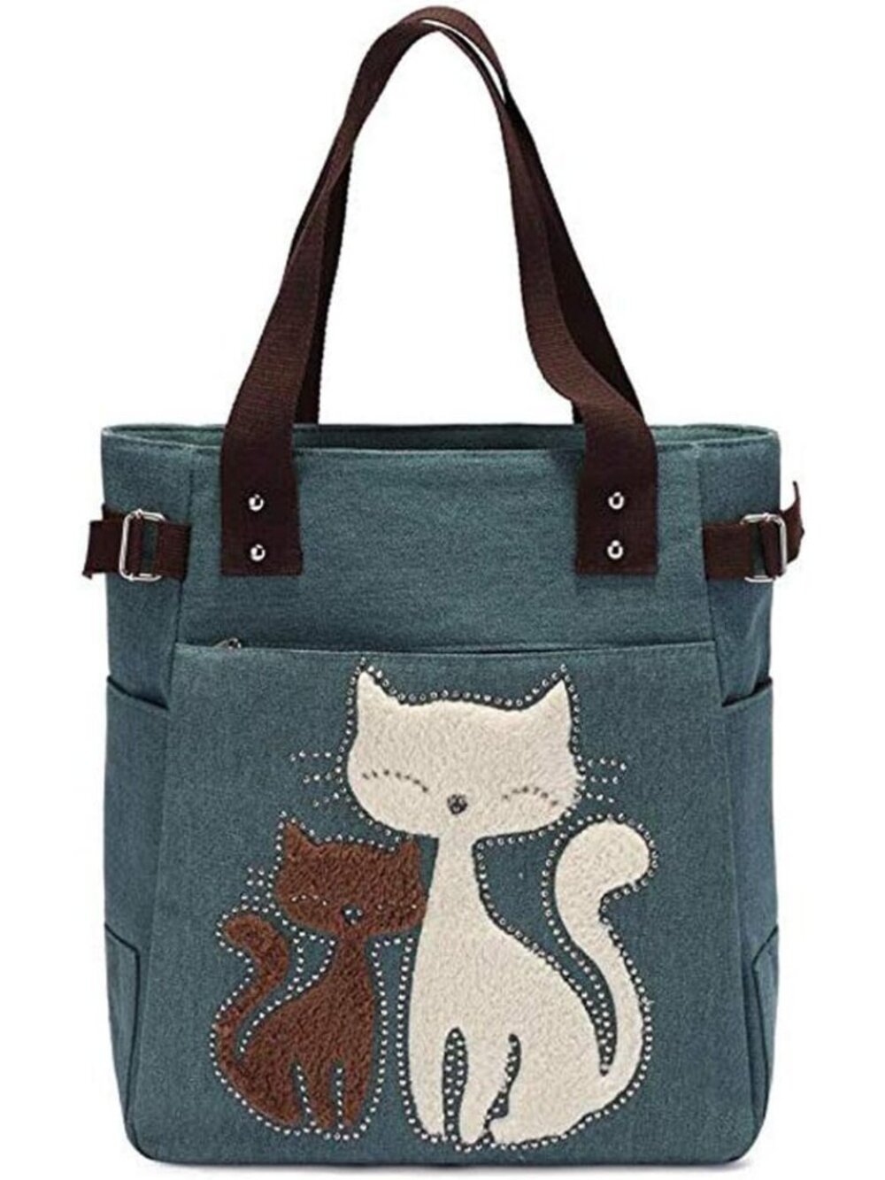 Canvas Tote Handbag for Women Cute Cat Embroidery Shoulder Purse Large Zipper Tr